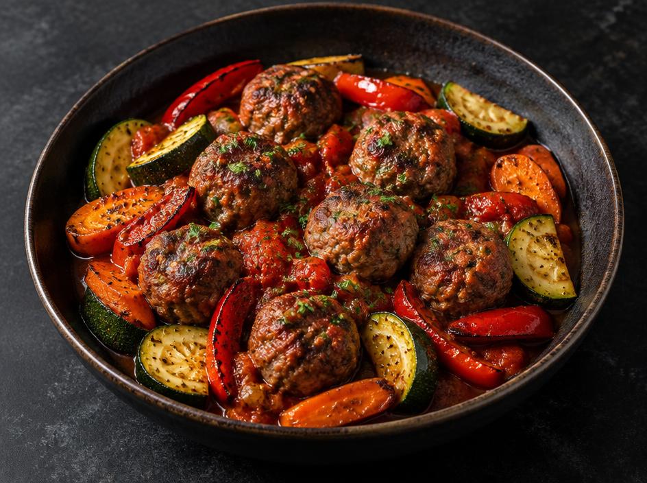 Beef Kofta with Tomato Sauce & Roasted Vegetables