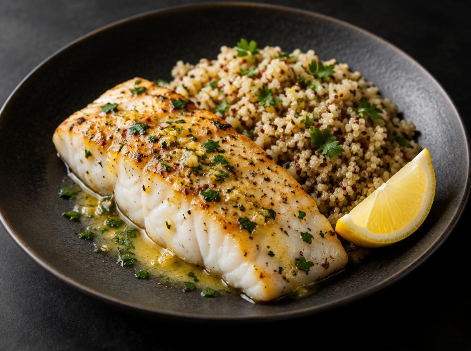 Grilled Fish with Lemon Butter Sauce & Quinoa